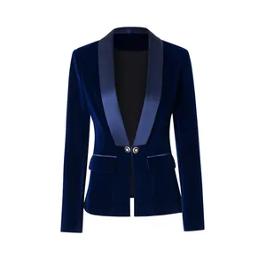 Detailed front view of an elegant navy blue velvet blazer with a satin shawl collar
