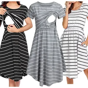 Maternity Nursing Dress Short Sleeve Casual Striped Pregnancy Clothes Midi Dress Breastfeeding Women Apparel