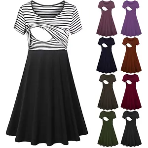 Robe de Maternité pour Femmes Robe d'Allaitement Été Manches Courtes Col Rond Patchwork Trapèze Grossesse Midi
