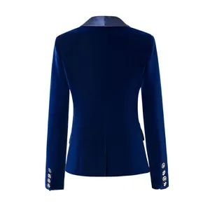 Back view of a premium blue velvet blazer with elegant satin shawl collar detail