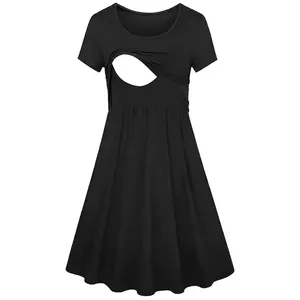 Robe de maternité d'allaitement noire à manches courtes avec col rond et accès pratique