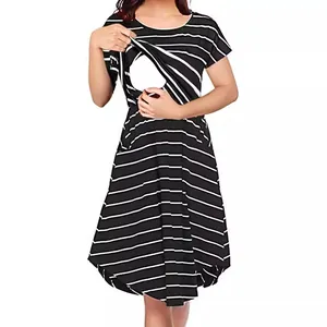 Striped maternity nursing dress with hidden breastfeeding access layer for moms