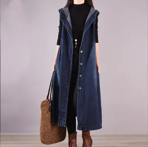 Loose-fit long sleeveless denim hooded dress with single-breasted buttons in blue.