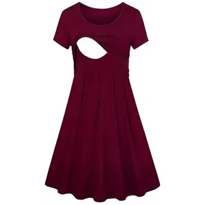 Robe de maternité et d'allaitement bordeaux à manches courtes et col rond