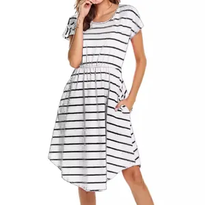 Casual black and white striped short sleeve maternity nursing dress with side pockets