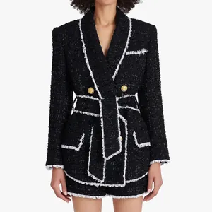 Women Elegant Tweed Slim Fit Blazer Mid-Length Urban Style Coat With Gold Buttons And Fringed Edges Luxury Long Sleeve Outerwear