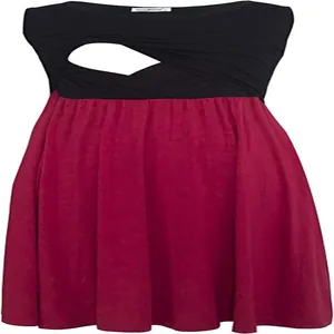 Vista frontale abito premaman senza maniche bicolore nero e bordeaux con scollo a incrocio