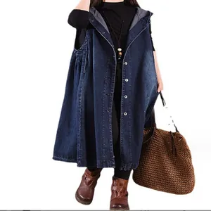 Loose oversized denim sleeveless hooded long dress with single-breasted buttons on model