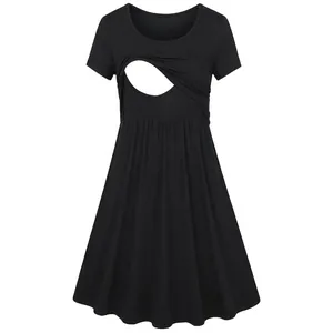 Robe de maternité d'allaitement à manches courtes et col rond en couleur marron foncé