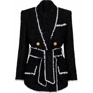 Elegant black tweed blazer with white fringe trim and decorative gold buttons for women