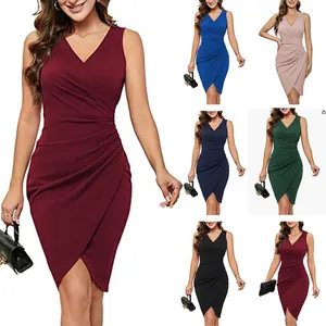 Women Sexy V Neck Sleeveless Ruched Bodycon Dress Cocktail Party Professional Office Midi Dress Wrap Asymmetrical Dress