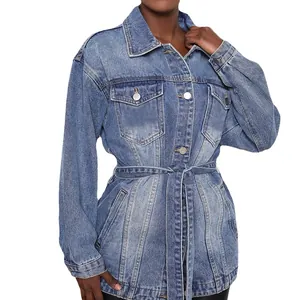 Casual halflange denim jas voor dames met verstelbare tailleband