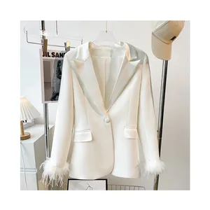 Elegant snow white single-button blazer with feather-trimmed cuffs for women