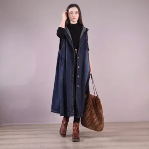 Long sleeveless hooded denim dress with single-breasted buttons in dark blue wash