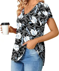 Top suelto de moda con cuello en V, estampado floral azul y elegantes mangas de pétalos