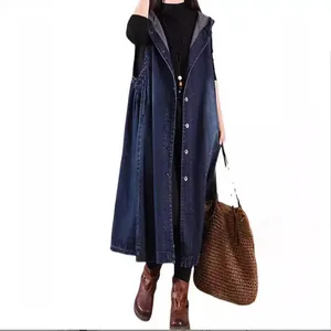 Loose plus size long sleeveless hooded denim dress with single-breasted buttons