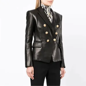 Blazer de Cuero Sintético Elegante para Mujer Botones de Cabeza de León de Doble Botonadura Corte Ajustado Solapa Chaqueta PU