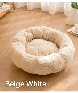 Cama redonda de felpa suave color crema con textura hexagonal para perros y gatos