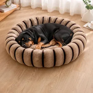 Letto Rotondo in Peluche per Animali a Righe Caldo Lavabile Letto per Gatti e Cani Fondo Antiscivolo Confortevole per Interni Inverno