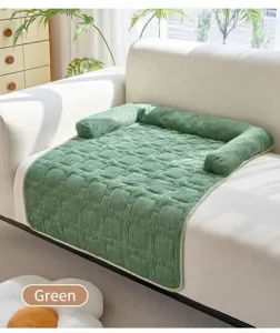 Alfombrilla protectora de sofá de pana verde para mascotas con bordes elevados