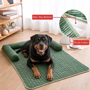 Green plush pet sofa mat with non-slip bottom for dogs and cats in a bright room