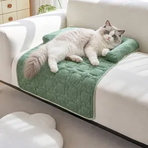 Corduroy Plush Pet Sofa Mat Dog Bed Furniture Protector With Non-slip Bolster Quilted Grid Pattern Mattress For Dogs Cats