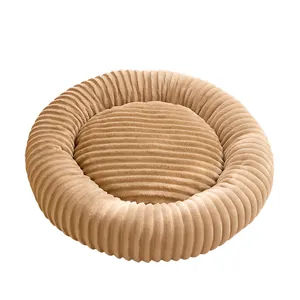 Premium round corduroy pet bed for dogs and cats with soft plush texture in camel color