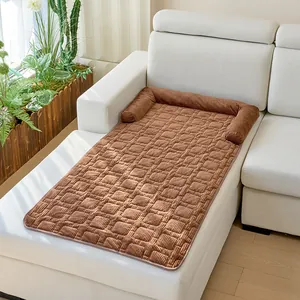 Premium brown corduroy pet sofa mat for dogs and cats with protective raised bolsters