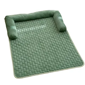 Premium green corduroy pet sofa bed mat with U-shaped bolster for dogs and cats