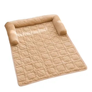 Premium khaki corduroy pet sofa mat with three-sided bolster design for dogs and cats