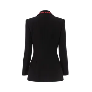 Rear view of black slim-fit blazer for women with luxury red bead collar detail