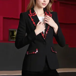 Luxury black blazer for women featuring exquisite red bead embellishments on lapels