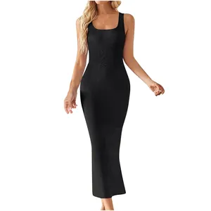Detail of black ribbed knit sleeveless maxi dress with a bodycon fit and scoop neck
