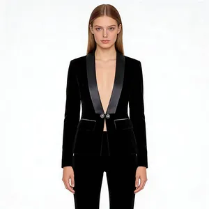 Front view detail of elegant women's black velvet blazer with satin shawl collar