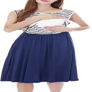 Abito premaman senza maniche a righe con gonna a pieghe blu navy