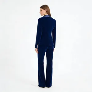 Elegant navy blue velvet shawl collar suit blazer and trousers set back view details