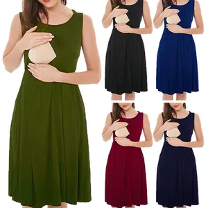Abito Premaman Senza Maniche da Donna per Allattamento a Righe Patchwork Midi Abito da Gravidanza Girocollo Prendisole