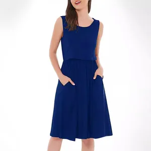 Abito premaman per allattamento senza maniche blu navy con top a doppio strato e tasche