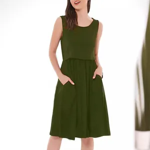 Elegante abito premaman senza maniche verde oliva con tasche laterali per le donne