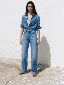 Women Denim Long Sleeve Jumpsuit Lapel Single Breasted High Waist Casual Streetwear Romper Jeans Overalls With Patch Pockets