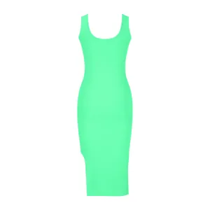 Detail view of neon green ribbed knit midi dress with side slit and bodycon fit