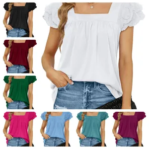 Damen Baumwolle Eckiger Ausschnitt Lochstickerei Rüschen Kurzarm T-Shirt Lässiges Plissiertes Sommer Top Europa Amerika Stil