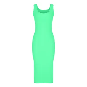 Sleeveless neon mint green ribbed knit bodycon midi dress with a scoop neckline