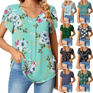 Camiseta de Mujer con Cuello en V y Mangas de Pétalo Top Casual Holgado con Estampado Floral Paisley de Rayón Acanalado