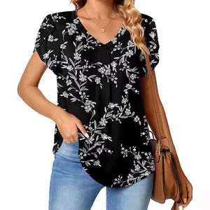 Elegante blusa de mujer con cuello en V, estampado floral, mangas pétalo y ajuste