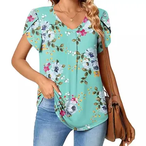 Hermosa blusa floral con cuello en V y mangas de pétalos para mujer en verde menta