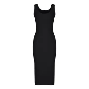 Front view of a sleek sleeveless black ribbed knit midi dress with a bodycon fit.