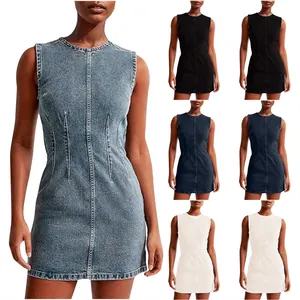 Women Round Neck Sleeveless Denim Dress Summer High Waist Bodycon Midi Jean Dress Solid Color Slim Fit Fashion Streetwear
