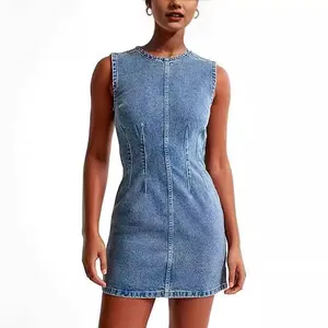 Round neck sleeveless slim-fit denim mini dress with high waist design for summer