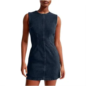 Elegant dark blue sleeveless denim dress with round neck and slim fit bodycon style